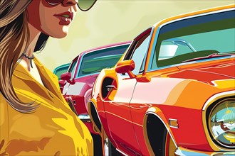 A woman in a yellow outfit with vintage cars in bright, vibrant colors, illustration, AI generated