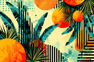 Modern tropical design with bright colors and abstract shapes depicting palm trees, illustration,