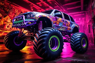 Monster truck illuminated by neon lights, excitement and thrill of an extreme sport and