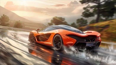Orange sports car speeding on a wet road with a dynamic poses and cloudy sky backdrop, AI generated