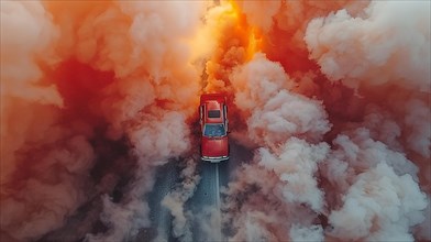 Car engulfed in a dramatic explosion of orange smoke and flames, creating an abstract scene, drone