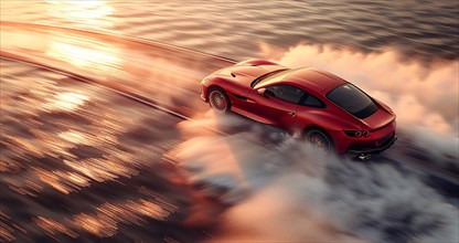 A red sports car in motion against a dynamic sunset landscape, showing a sensation of speed, AI