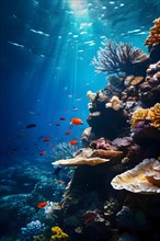 Coral reef juxtaposing patches of bleached coral with vivid marine life, AI generated