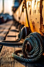Ropes and bollards securing a ship at the dock at morning, AI generated