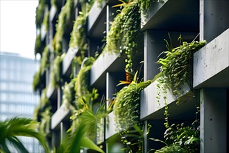 Building facade bio concrete seamlessly interlaced with living plants, AI generated