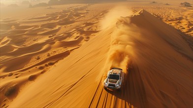 A car driving over a sand dune ridge in the desert, generating a long dust trail, action sports