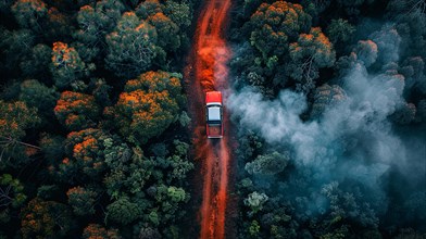 A red SUV driving on a misty dirt red muddy road surrounded by a dense green forest, action sports