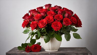 A large bouquet of red roses in a vase stands on the table, AI generated, AI generated