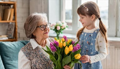 A little girl presents an older woman with a bouquet of colourful tulips, AI generated, AI