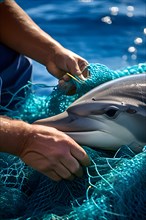 Fisherman's rough hands meticulously disentangling a young dolphin from a fisher net, AI generated,