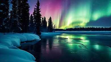 Aurora borealis with-vivid green hues reflecting on ice covered lake, AI generated