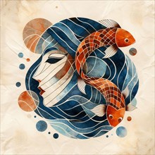 Abstract art of a woman's face entwined with orange fish among blue hues and circles, square