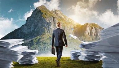 A businessman throws papers behind him as he walks through a mountain landscape, symbol