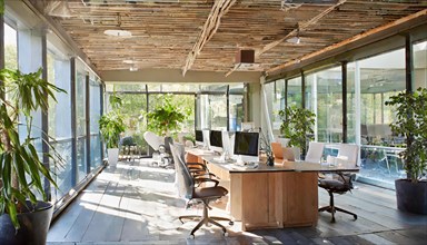 Office with glass facade and warm wooden elements in a naturally sunlit space, Symbol office, AI