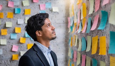A young man stands thoughtfully in front of a wall of post-it notes in the office, symbolising