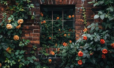 Lush greenery and blooming orange roses engulf the facade of a brick building AI generated
