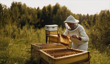 Beekeeper with honeycombs in hands in nature bee apiary, AI generated
