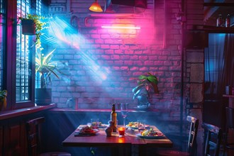 Restaurant interior bathed in neon lights creating a vibrant, atmospheric dining space, AI