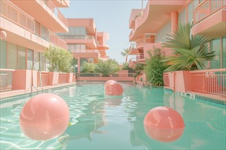 A luxurious pool surrounded by pink resort architecture and palm trees, AI generated
