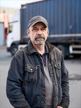 Rugged blue-collar worker standing outdoors with a serious expression against a backdrop of