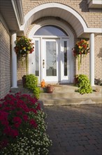Front entrance door on tan brick with white trim portico and raised border with red Pelargonium,