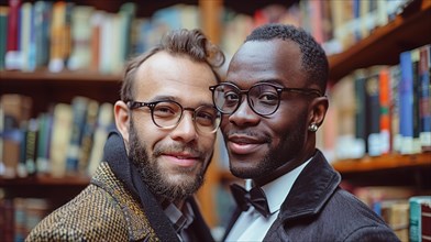 Two joyful friends in formal wear and glasses sharing a close moment among library books in a