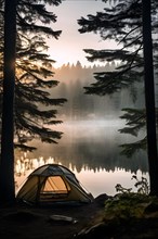Misty morning tent overlooking serene lake with pine tree silhouettes, AI generated
