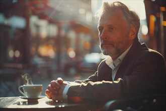 A contemplative man sitting at a street-side cafe with a steamy cup of coffee, AI generated