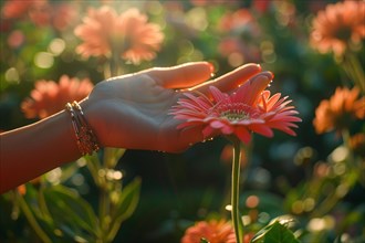 A hand gently touching a daisy flower under the warm sunset light, connecting with nature, AI