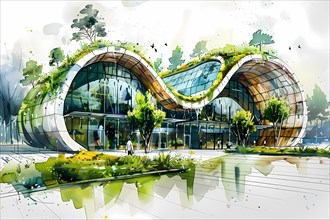 Futuristic eco-friendly office building illustration with greenery and organic shapes,
