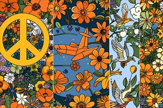 An artistic illustration featuring a peace symbol with vibrant orange flowers and birds,