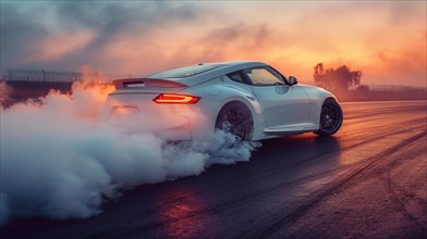White sports car doing a burnout on a racetrack at sunset, AI generated