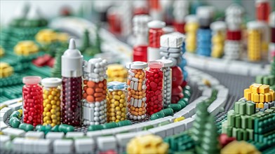 A creative cityscape model made with colorful medication and pill containers, AI generated