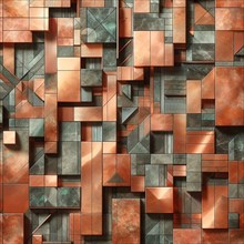 Copper and orange geometric shapes with reflective surfaces creating an abstract sense of depth, AI
