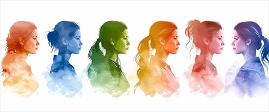 A sequence of women's profiles in a serene watercolor gradient from light to dark blue, with a