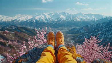 A traveler rests high above, with feet clad in bright yellow against a backdrop of spring
