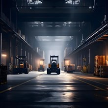 Loading bay at a seaport with forklifts and workers, AI generated