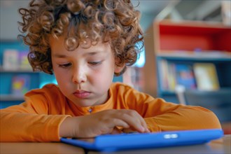 A pre-school boy sits in a classroom and looks listlessly at a digital tablet, symbol image,