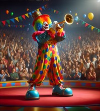 A clown, a musical clown, in mask and costume plays the trumpet in the ring of a circus, AI