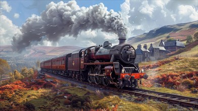 Steam engine travels through autumn landscape with orange foliage under a cloudy sky, ai generated,