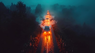 A car driving down a foggy road with headlights glowing in the eerie atmosphere, adventure travel