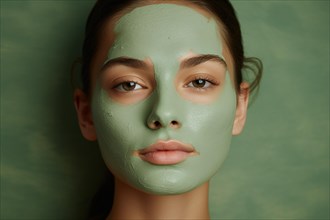 Face of young woman with green Matcha tea face mask. KI generiert, generiert, AI generated