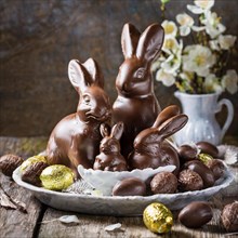 Various chocolate bunnies with golden eggs on a plate, garnished with white flowers, symbolising
