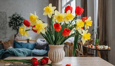 A large bouquet of yellow daffodils and red tulips in a vase stands on the table in the flat, AI