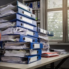 Stacked folders and piles of paper in a bright study, symbolism bureaucracy, AI generated, AI