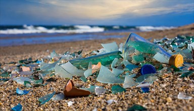 Shards, glass, pollution on the beach, AI generated, AI generated