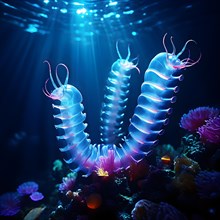 Bristle worms bioluminescent bodies floating in deep ocean, AI generated, deep sea, fish, squid,