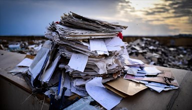 Pile of documents outdoors with a dramatic sky in the background, icon bureaucracy, AI generated,