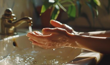 Close-up of hands being washed under running water in a sunlit sink AI generated