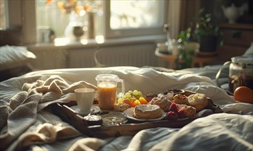 Cozy breakfast tray with pastries and fruits on a bed bathed in warm morning light AI generated